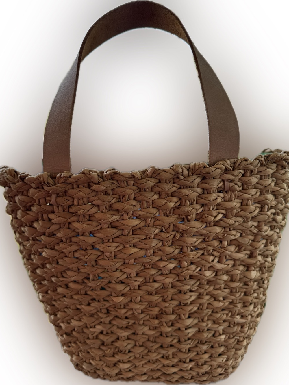Handcrafted Floral Straw Tote Bag in Natural, Turquoise & Olive - Picture 2 of 10